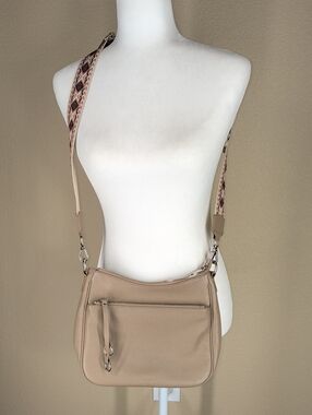 Befen Beige Crossbody Leather Bag with Patterned Strap